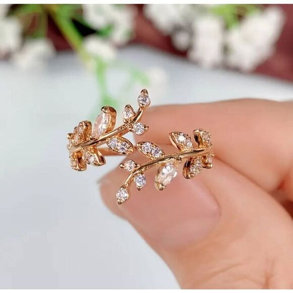 Elegant Finger Ring Leaf Shape With Zircon Adjustable Open Cuff Ring Delicate Fo - Picture 4 of 10
